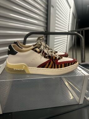 Coach Cream and Burgundy Low-Top Sneakers with Tiger Stripe Panels